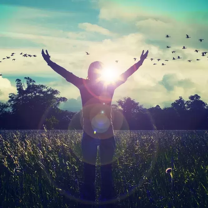 a person with their hands spread out while standing in a field and birds are flying in the background
