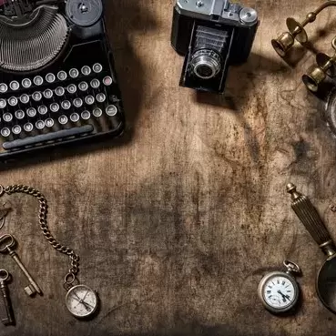 antique & collectibles - typewriter, pocket watc, camera, magnfying glass, keys,  & candelabra