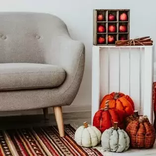 fall decorations next to a sofa