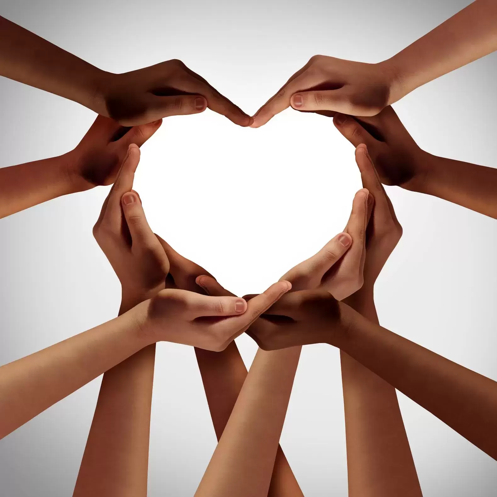 Hands from many different races forming a heart.