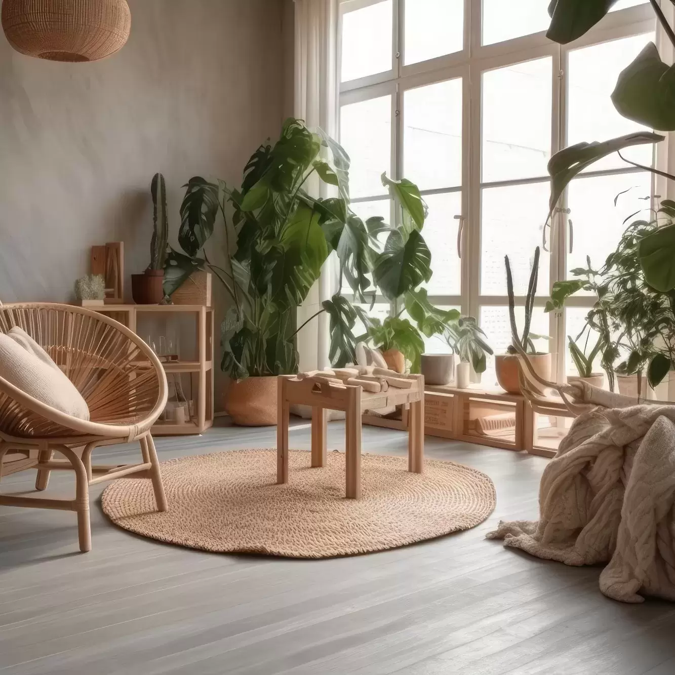 A quaint living space with earth tones and many plants